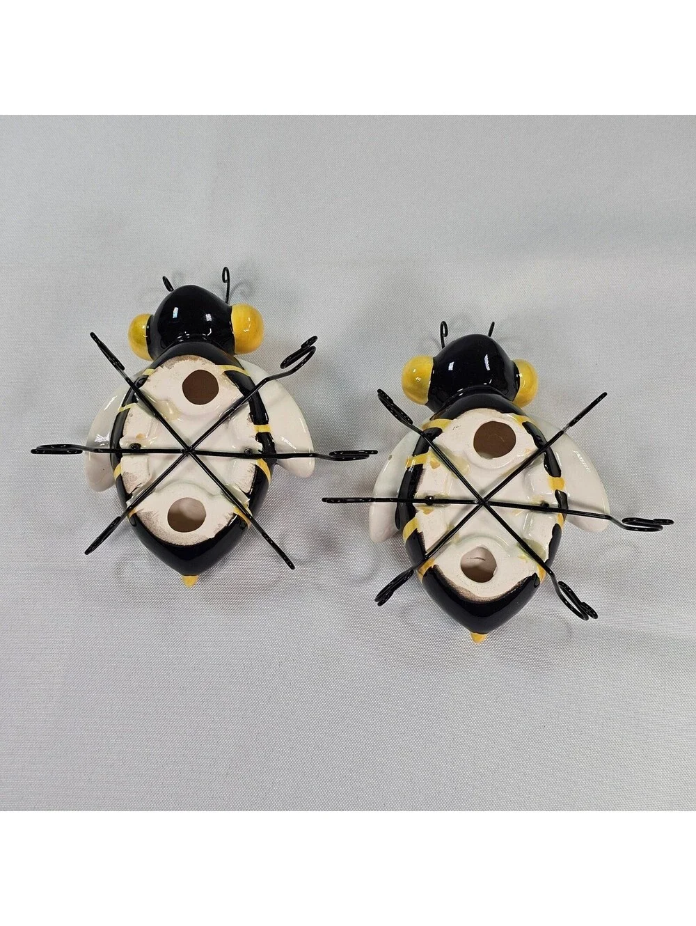 Ceramic Bumble Bee Tea Light Candle Holder Pair Yellow Black Striped Wire Legs